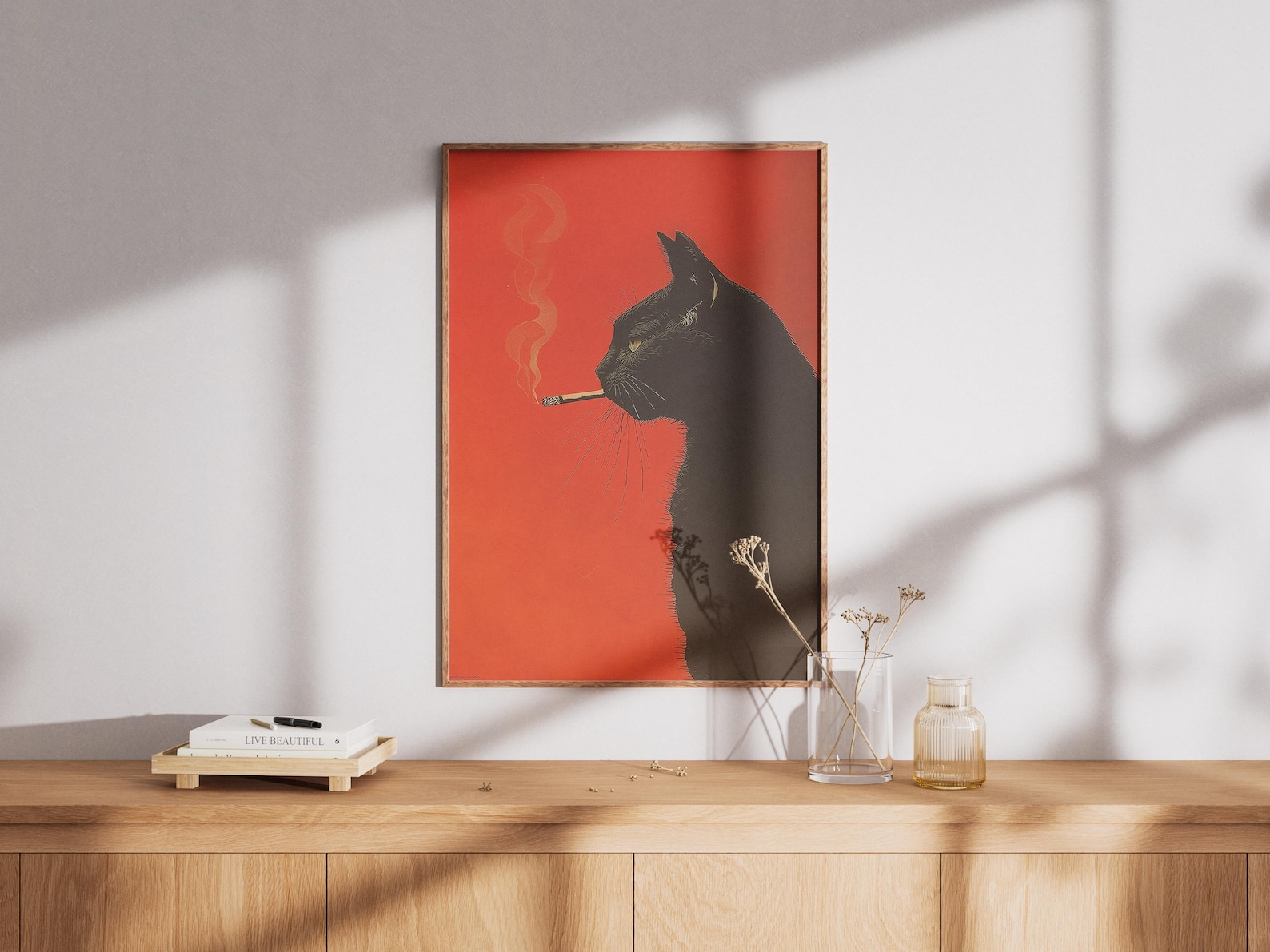 ヴィンテージ黒猫喫煙キャンバスプリントフレームレスレトロレッ - Office Furniture Design のレビューと価格